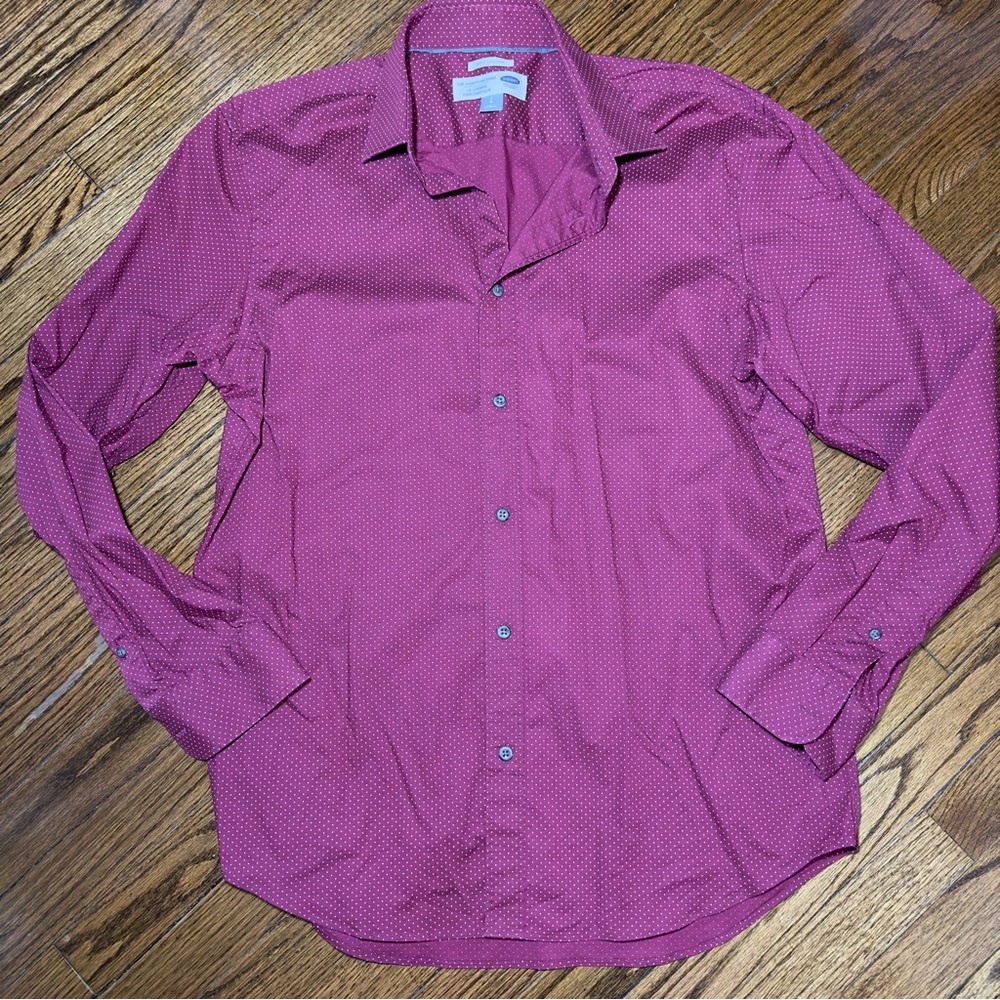 Old Navy Mens Maroon Red Dot Long Sleeve Button Slim Fit Signature Shirt Size L‎